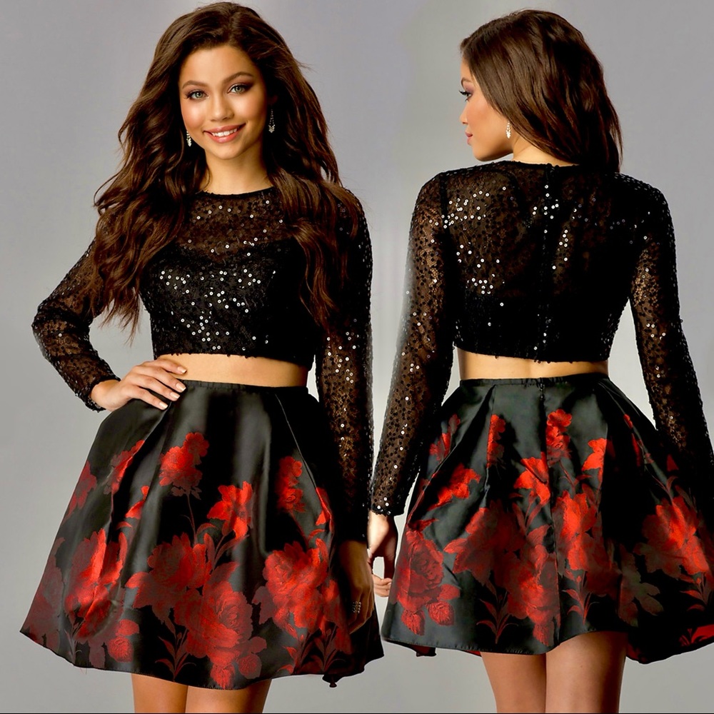 Jolene Short Homecoming / Hoco / Prom Dress . Sparkly Red Rose Two-Piece Dress.
